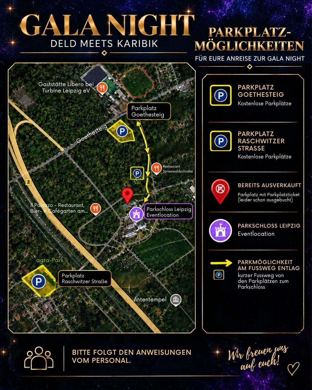 Karte der Parkplätze rund um das Parkschloss Leipzig: Goethesteig und Raschwitzer Straße, Fußweg zum Schloss