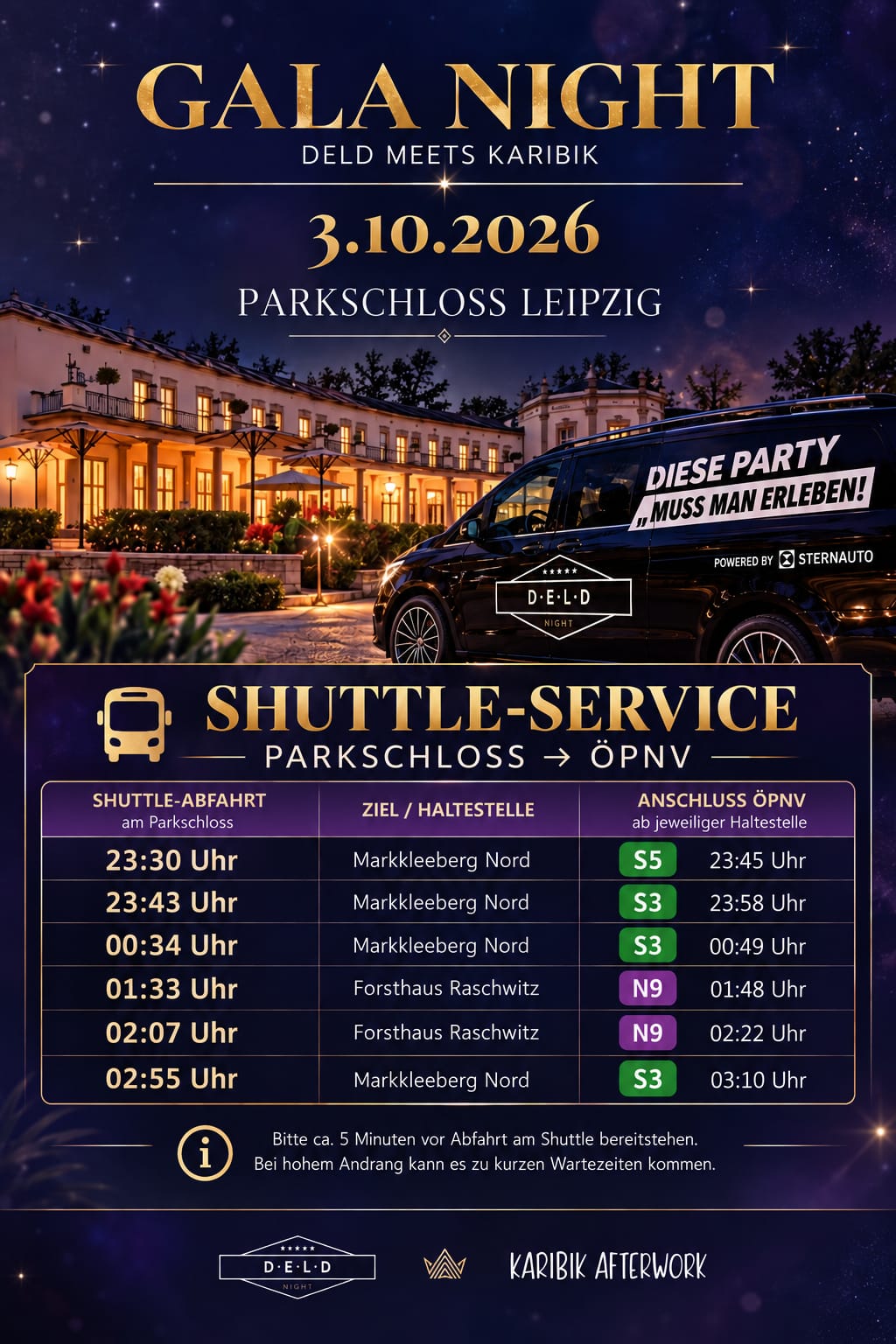 Shuttle-Fahrplan vom Parkschloss zu S-Bahn und Nightliner, Inhalt wie in der Tabelle oben