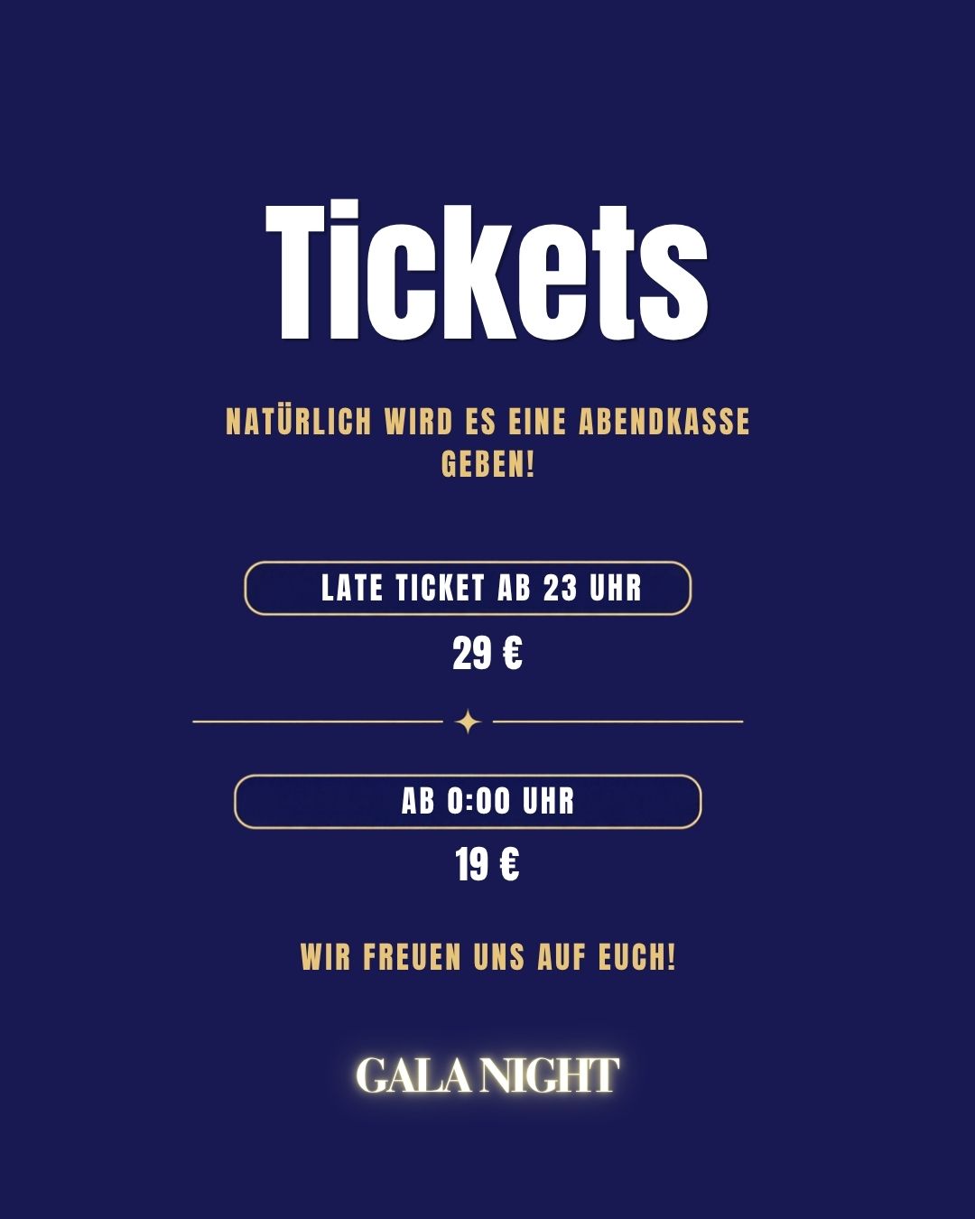 Tickets an der Abendkasse: ab 23 Uhr 29 Euro, ab 0 Uhr 19 Euro